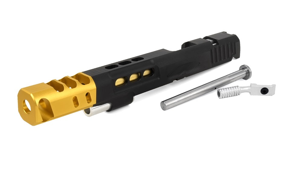 Airsoft Masterpiece DVC 7″ Aluminum Open Slide Kit for Hi-CAPA (Black Slide & Gold Comp)