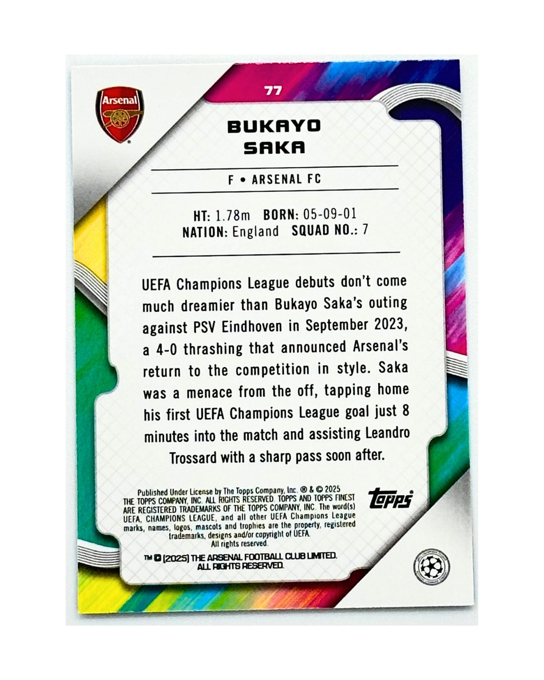 Bukayo Saka 2025 Arsenal Topps Finest /150