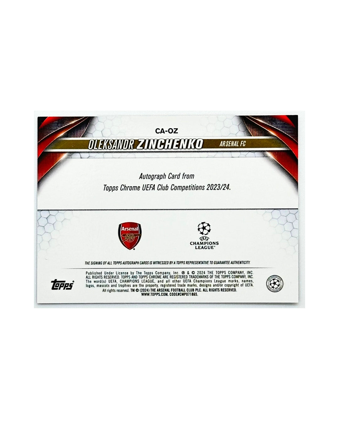 Oleksandr Zinchenko 2023-24 Arsenal Topps Chrome Auto /250