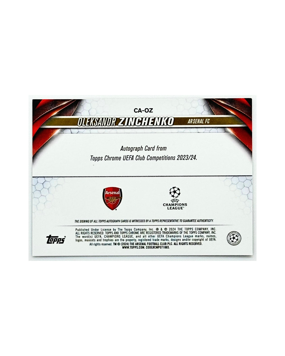 Oleksandr Zinchenko 2023-24 Arsenal Topps Chrome Auto