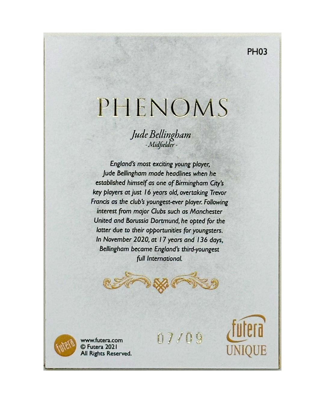 Jude Bellingham 2021 Futera Unique Phenoms RC Rookie 24KT Gold Frame /9