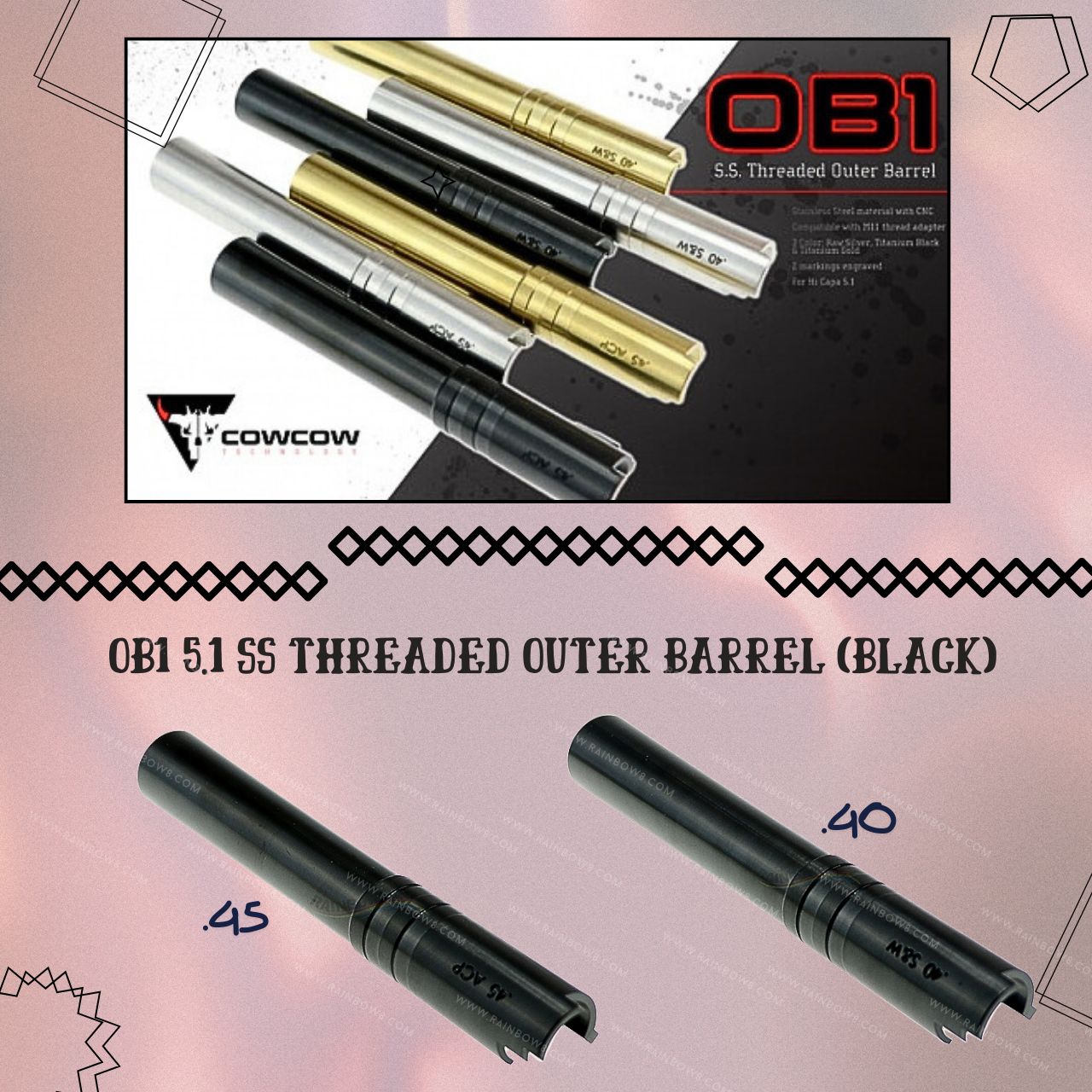 CowCow OB1 Stainless Steel Threaded Outer Barrel for TM Hi-Capa 5.1 (.40 / .45 Marking) (Black)
