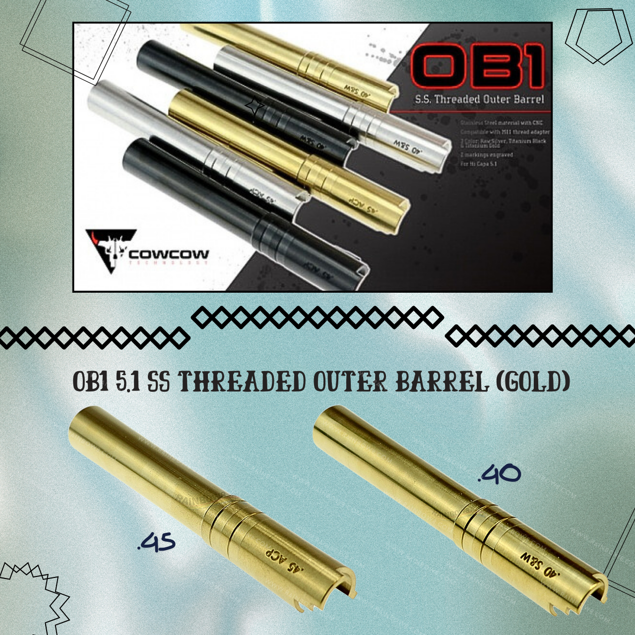 CowCow OB1 Stainless Steel Threaded Outer Barrel for TM Hi-Capa 5.1 (.40 / .45 Marking) (Gold)