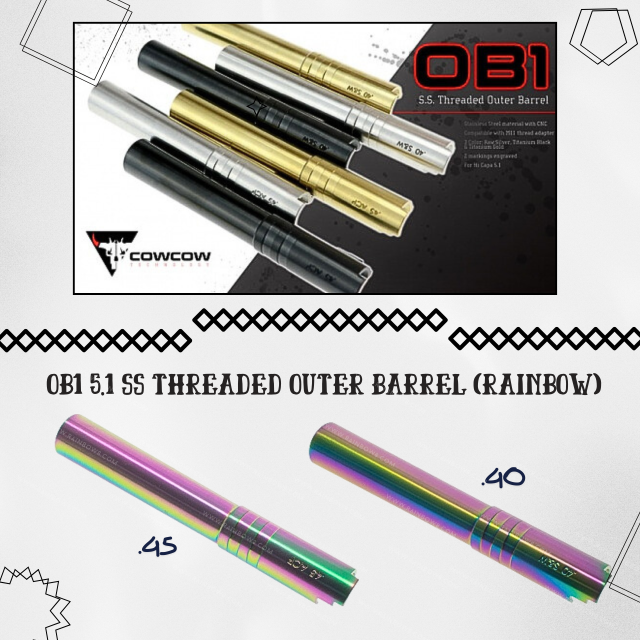 CowCow OB1 Stainless Steel Threaded Outer Barrel for TM Hi-Capa 5.1 (.40 / .45 marking) (Rainbow)