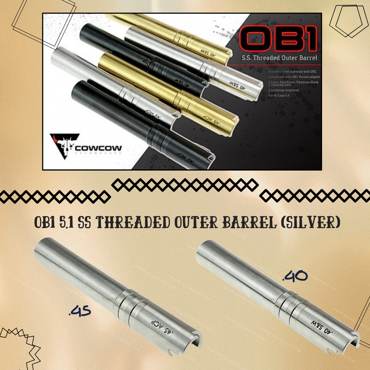 CowCow OB1 Stainless Steel Threaded Outer Barrel for TM Hi-Capa 5.1 (.40 / .45 Marking) (Silver)