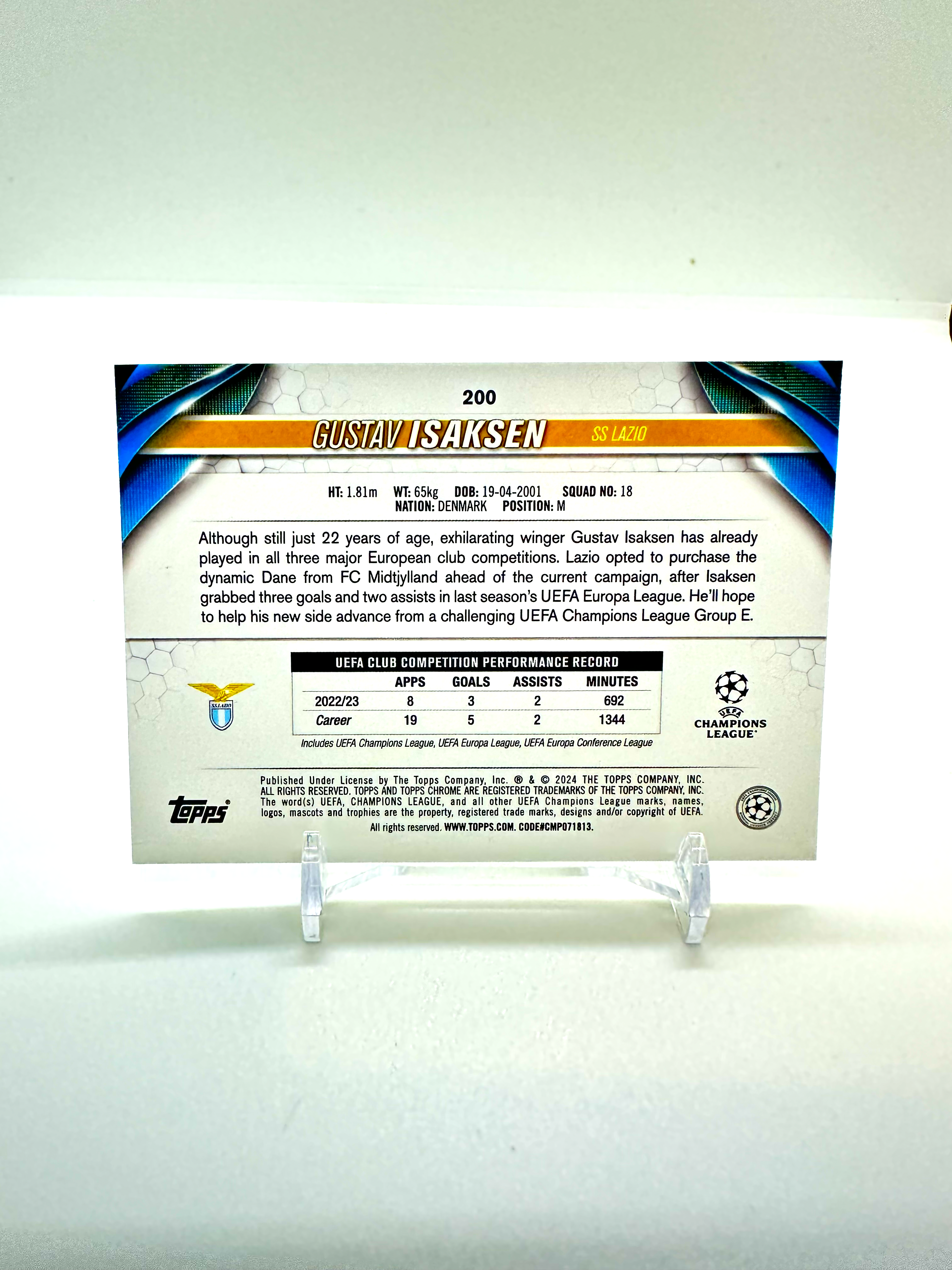 2024 Gustav Isaksen Topps Chrome RC Lazio #200