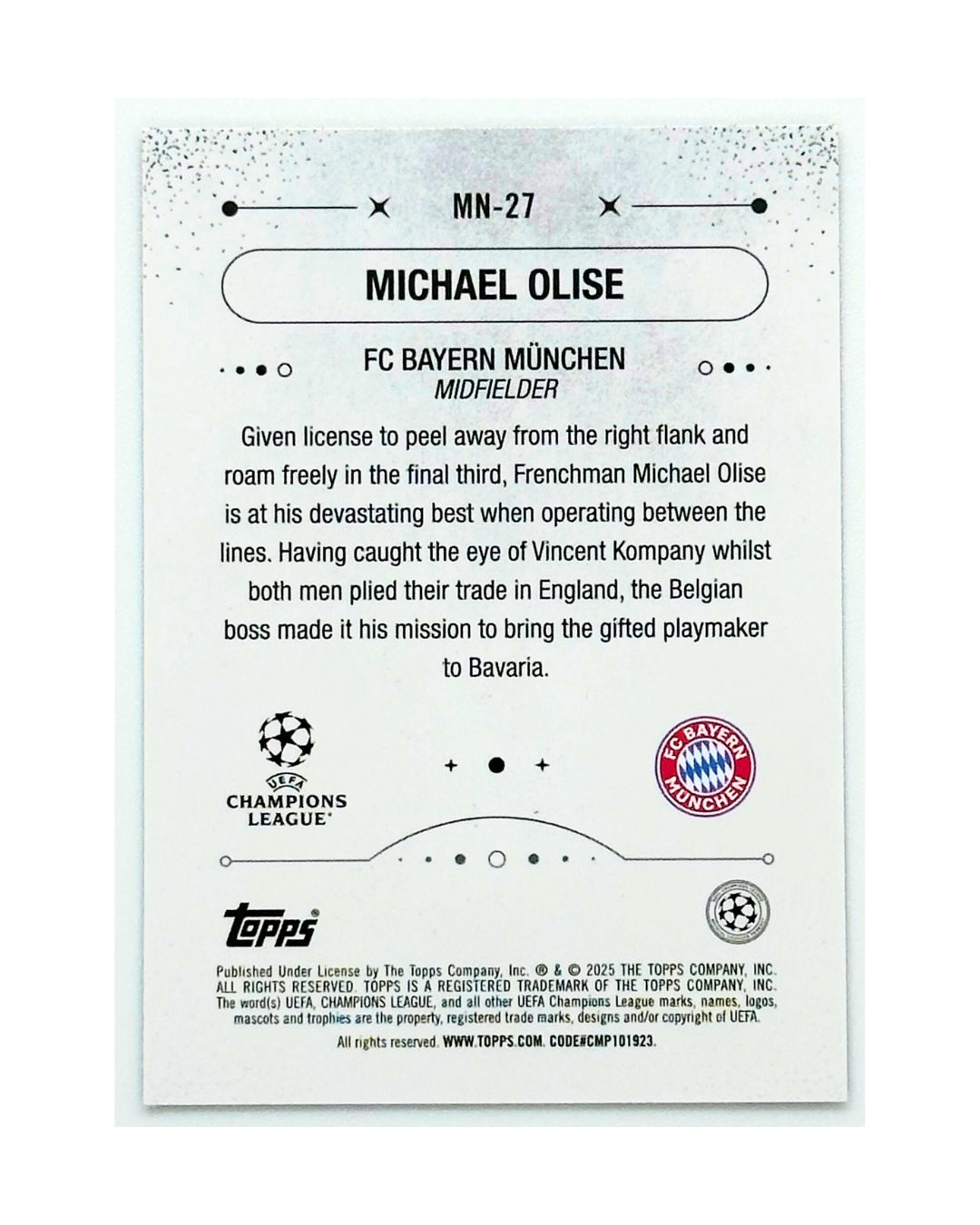 Michael Olise 2025 Bayern Munchen FC Topps Merlin Collection MN-27