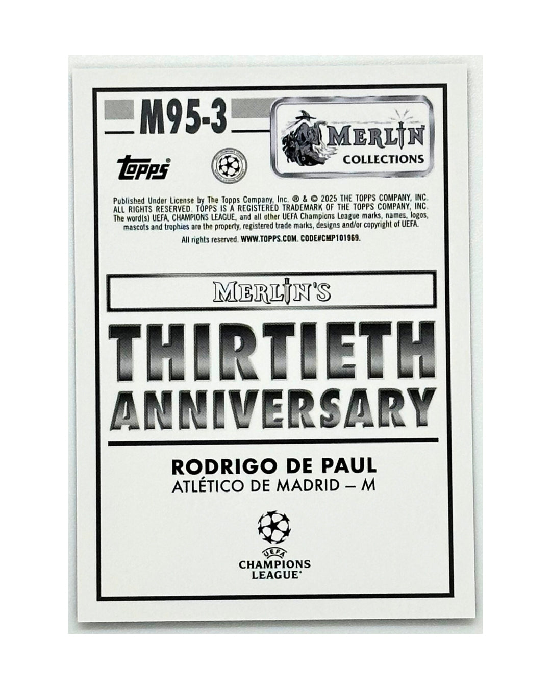 Rodrigo De Paul 2025 Atletico De Madrid Topps Merlin Collection M95-3
