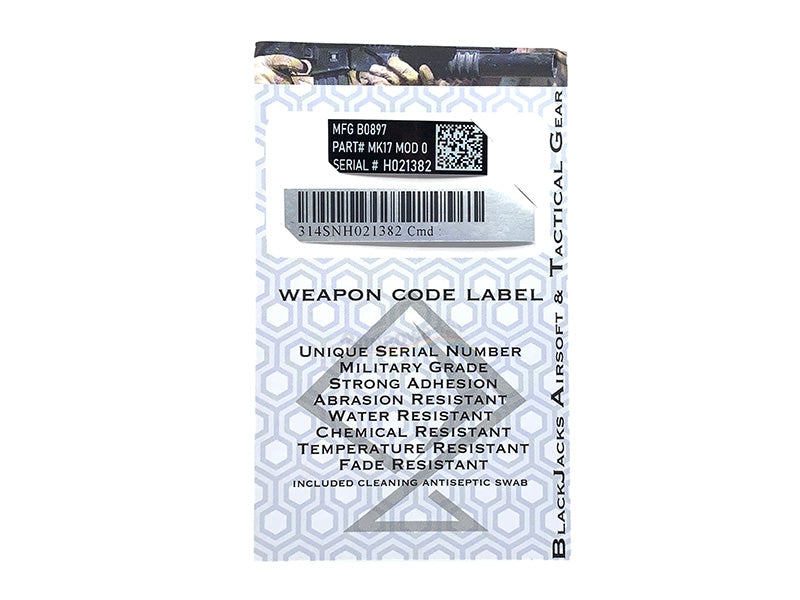 Blackjack Tactical Weapon Code Label For MK17 Mod 0 / SCAR-L Model