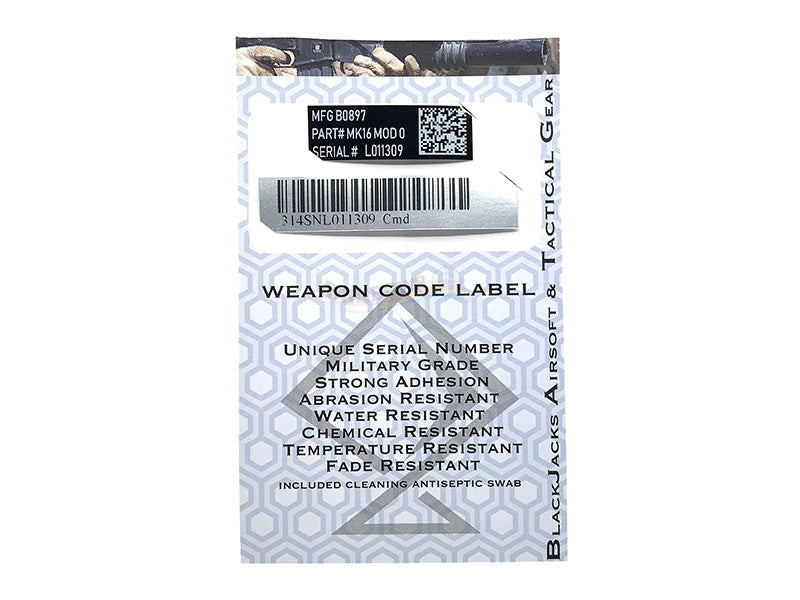 Blackjack Tactical Weapon Code Label For MK16 Mod 0 / SCAR-H Model