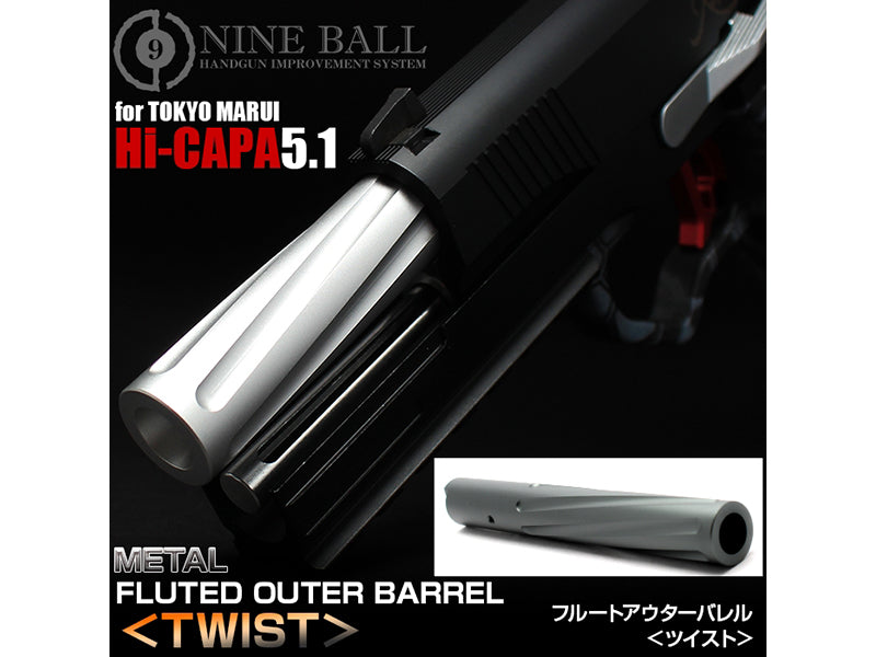 NINE BALL Flute Twist Outer Barrel for Marui Hi-Capa 5.1 (Silver / Gun Metal)